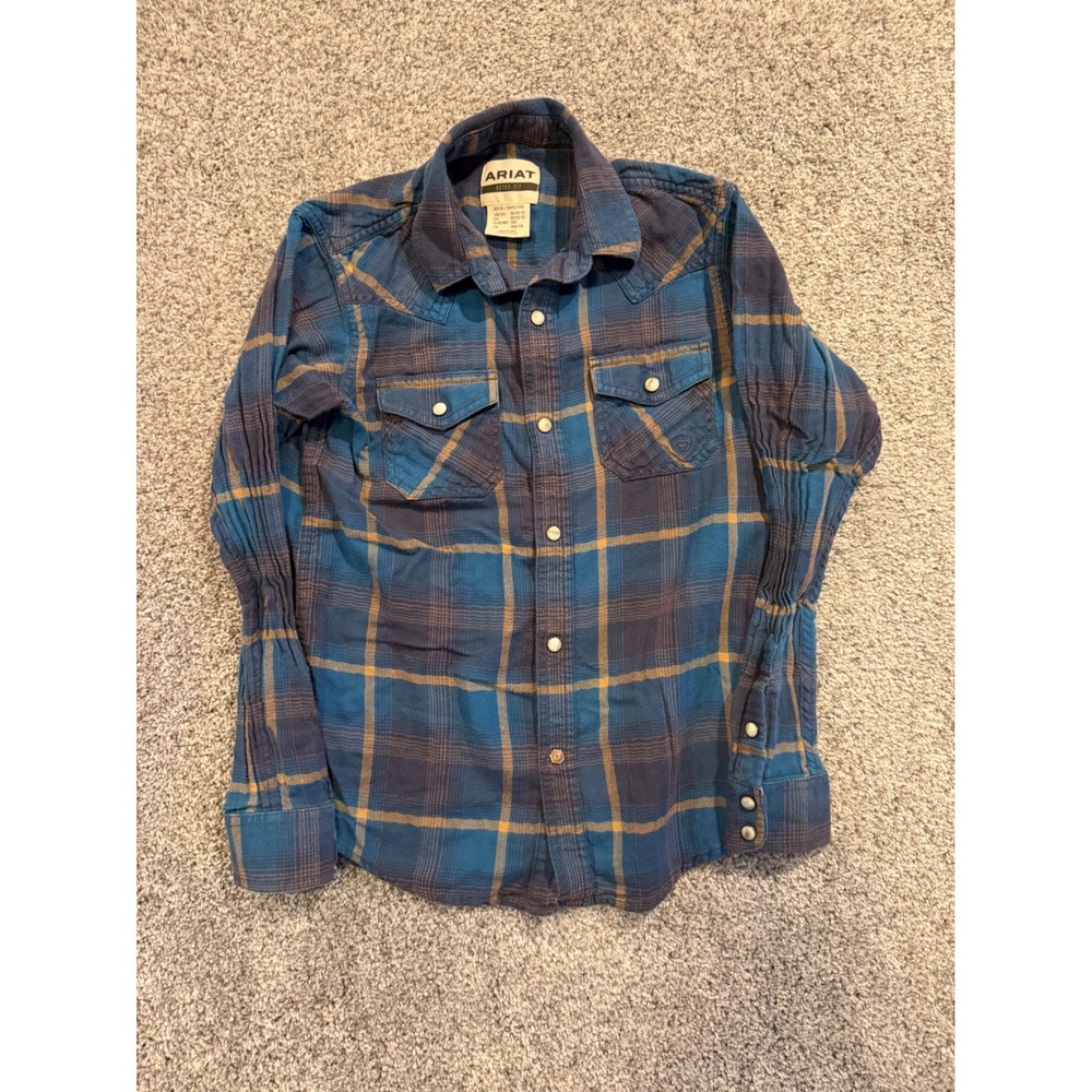 Ariat Flannel Shirt Boys M 10-12 Blue Plaid Retro Fit Western Snap Long Sleeve
